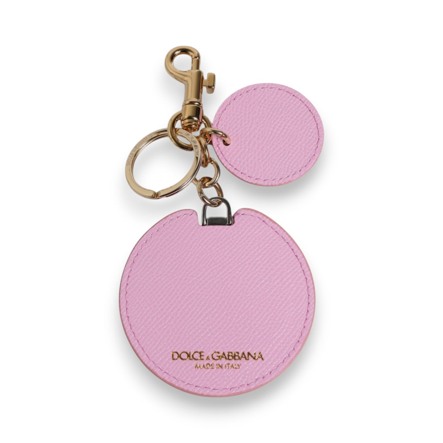 Dolce &amp; Gabbana Pink Calf Leather Gold Metal Logo Print Keyring Keychain