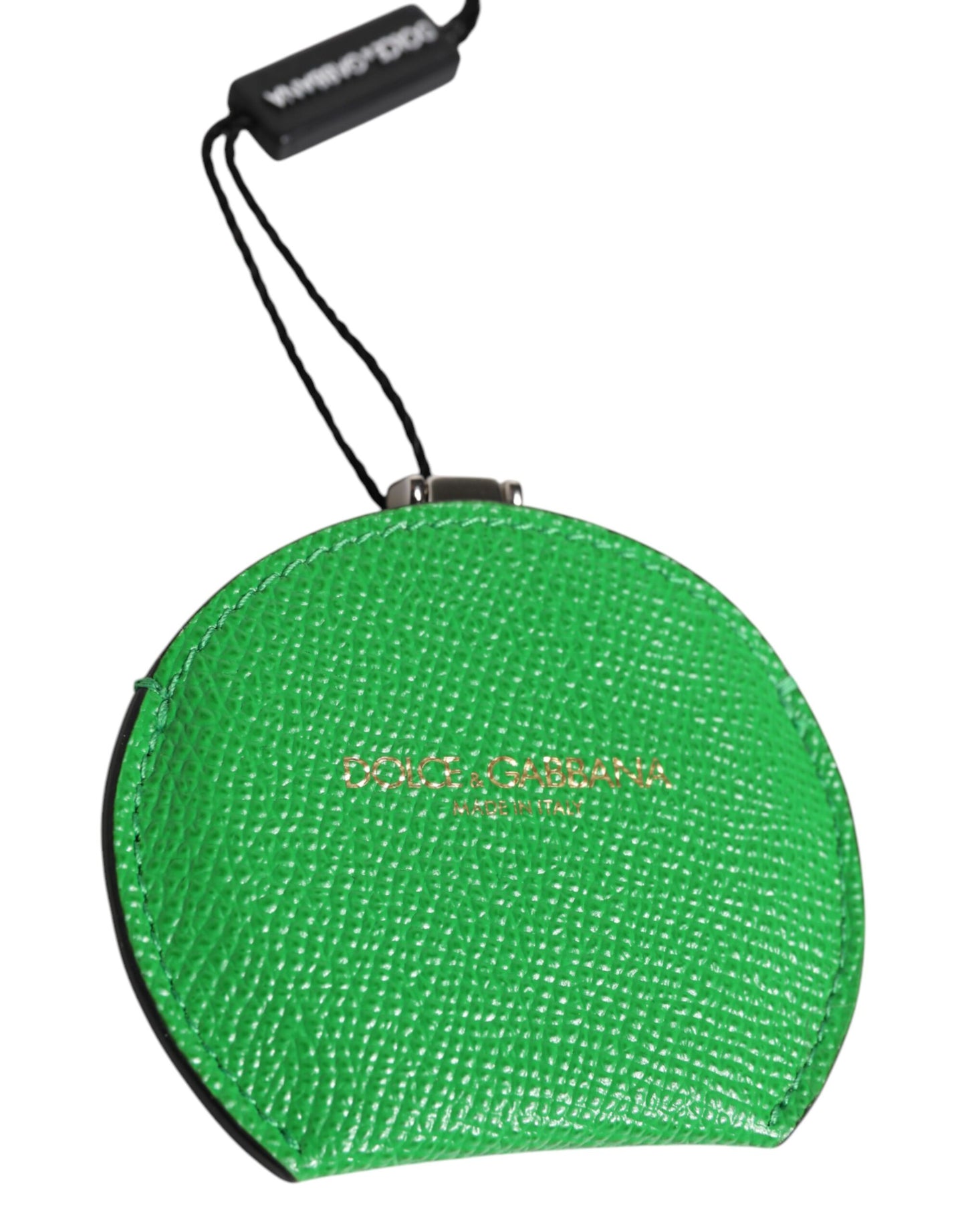 Dolce &amp; Gabbana Green Calfskin Leather Round Logo Hand Mirror Holder
