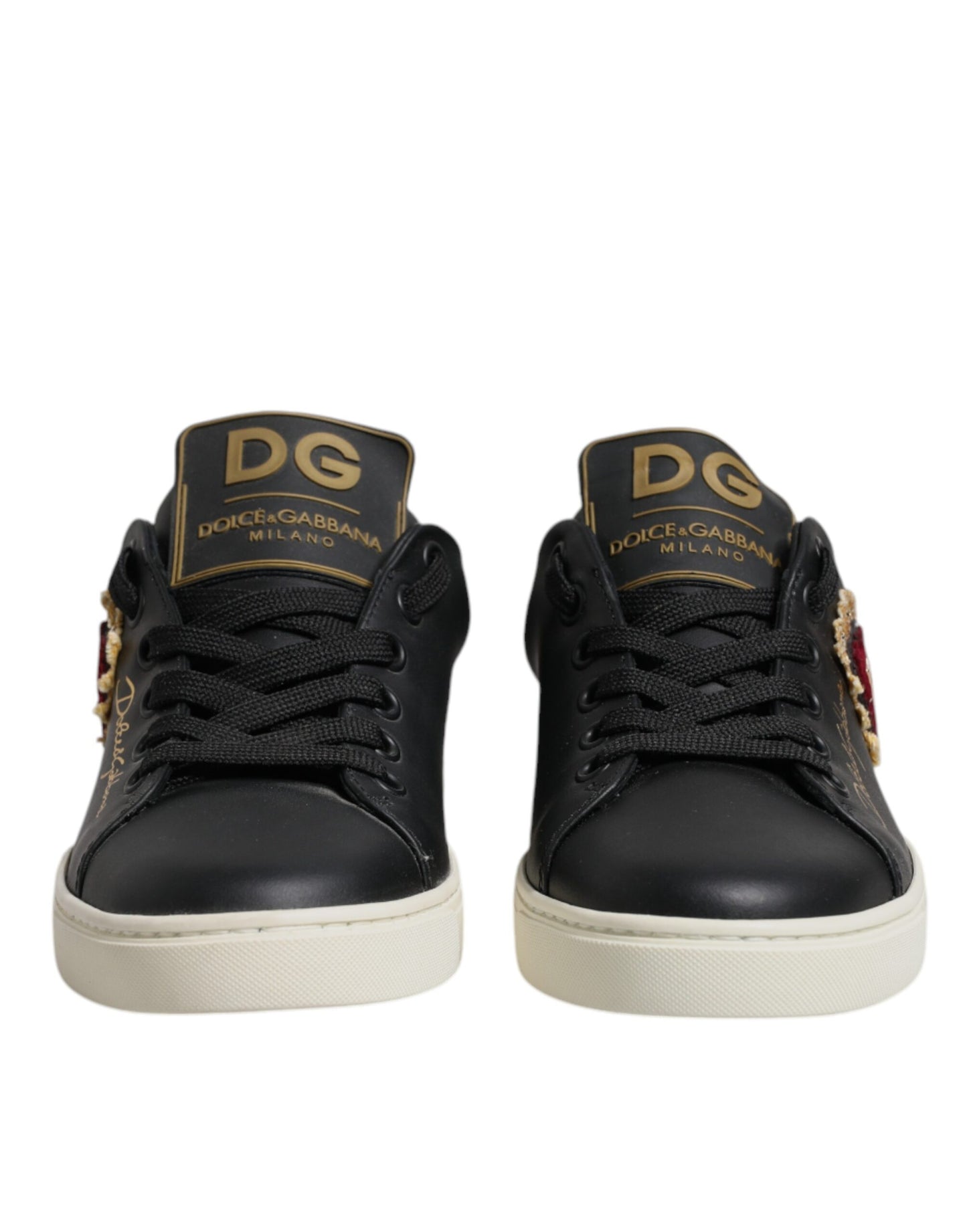 Dolce &amp; Gabbana Schwarze Leder Gold Rote Herz Sneakers Schuhe