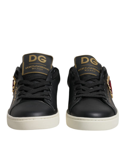 Dolce &amp; Gabbana Schwarze Leder Gold Rote Herz Sneakers Schuhe
