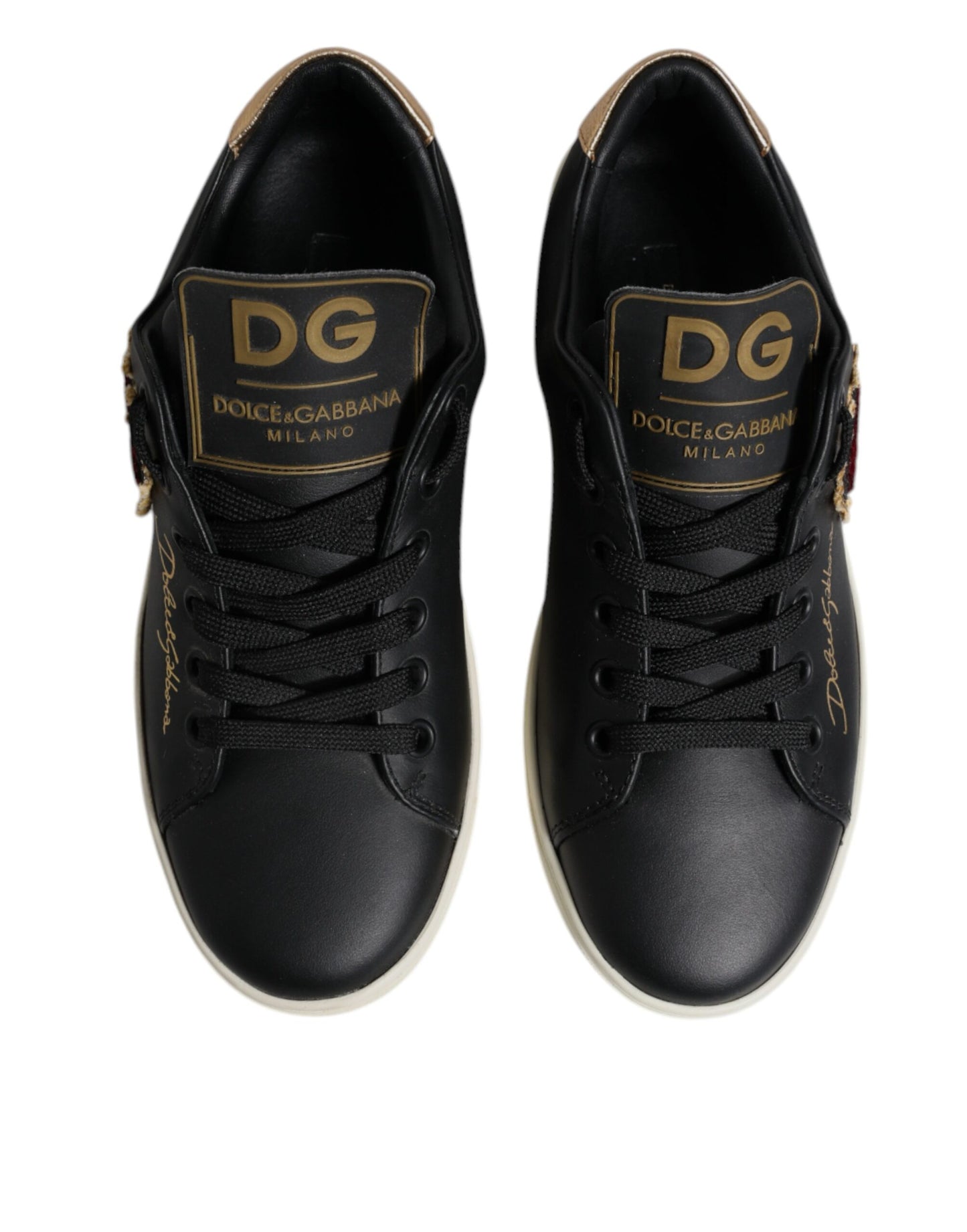 Dolce &amp; Gabbana Schwarze Leder Gold Rote Herz Sneakers Schuhe