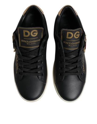 Dolce &amp; Gabbana Schwarze Leder Gold Rote Herz Sneakers Schuhe