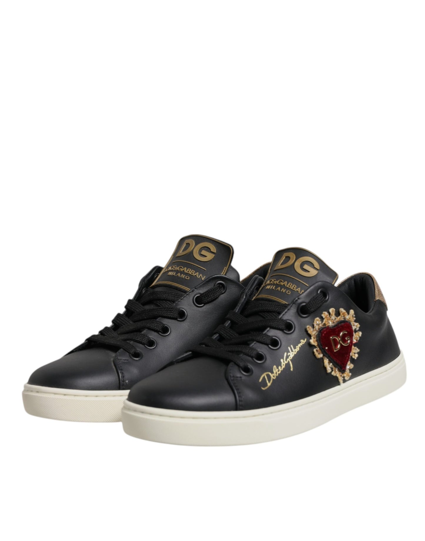 Dolce &amp; Gabbana Schwarze Leder Gold Rote Herz Sneakers Schuhe