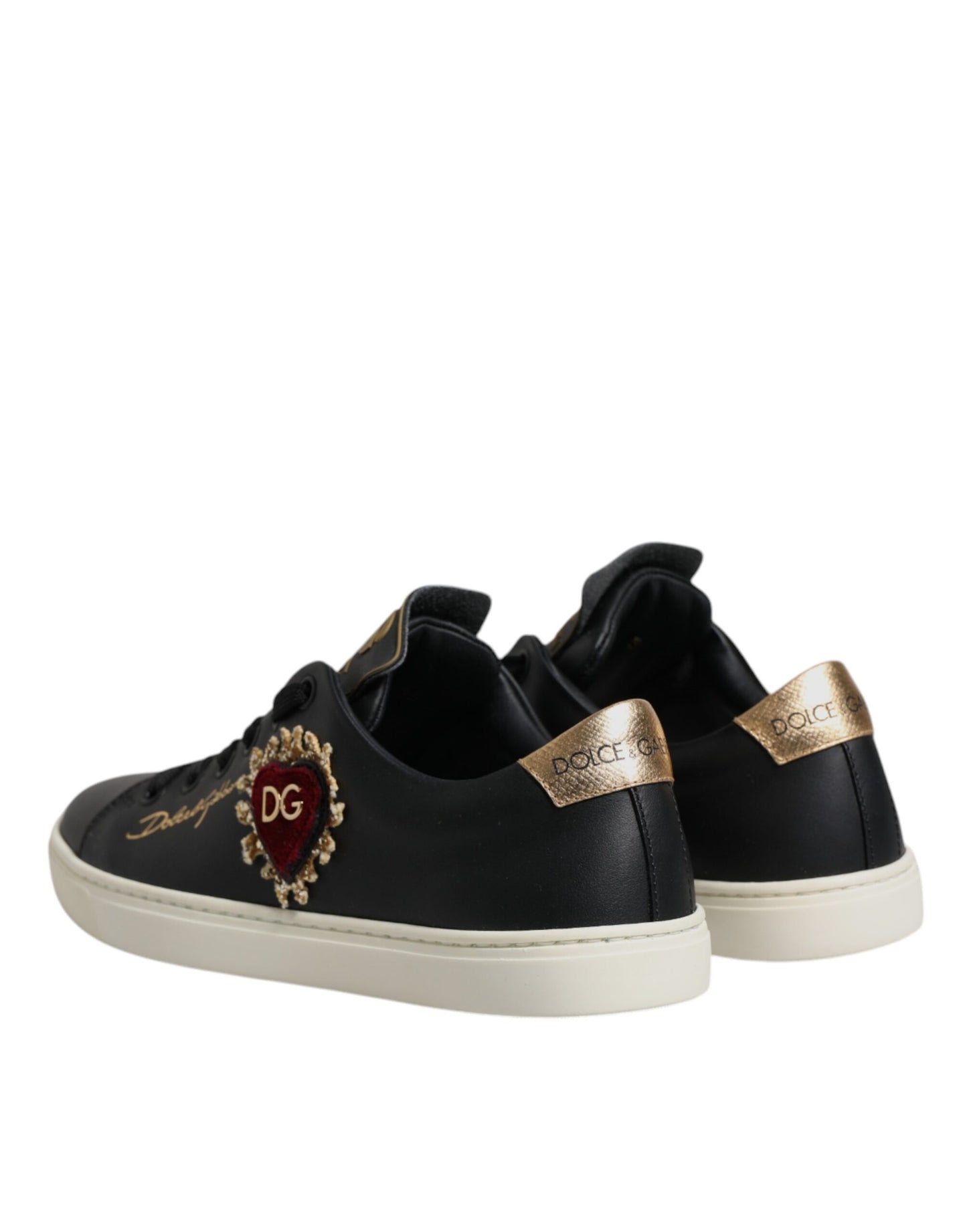 Dolce &amp; Gabbana Schwarze Leder Gold Rote Herz Sneakers Schuhe