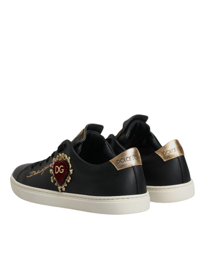 Dolce &amp; Gabbana Schwarze Leder Gold Rote Herz Sneakers Schuhe