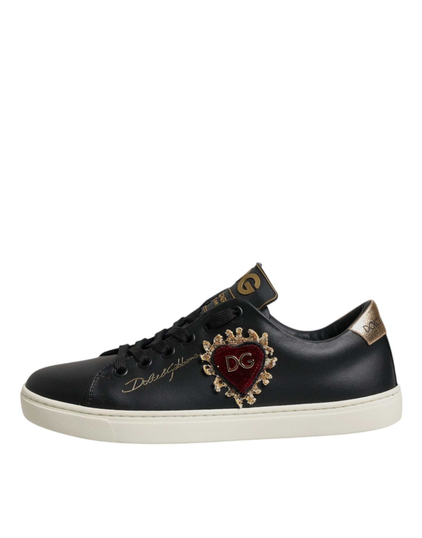 Dolce &amp; Gabbana Schwarze Leder Gold Rote Herz Sneakers Schuhe
