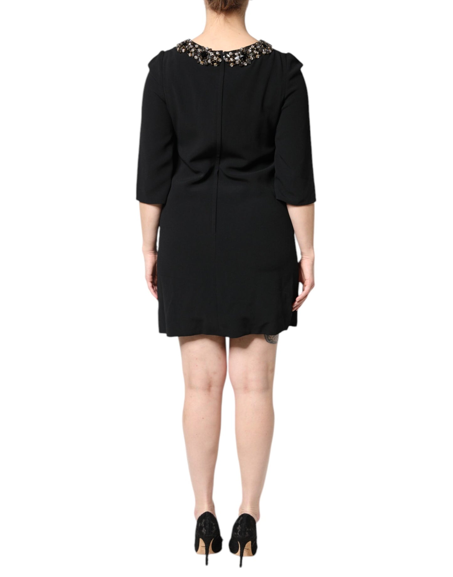 Dolce &amp; Gabbana – Schwarzes Minikleid mit Rundhalsausschnitt und Kristallverzierung