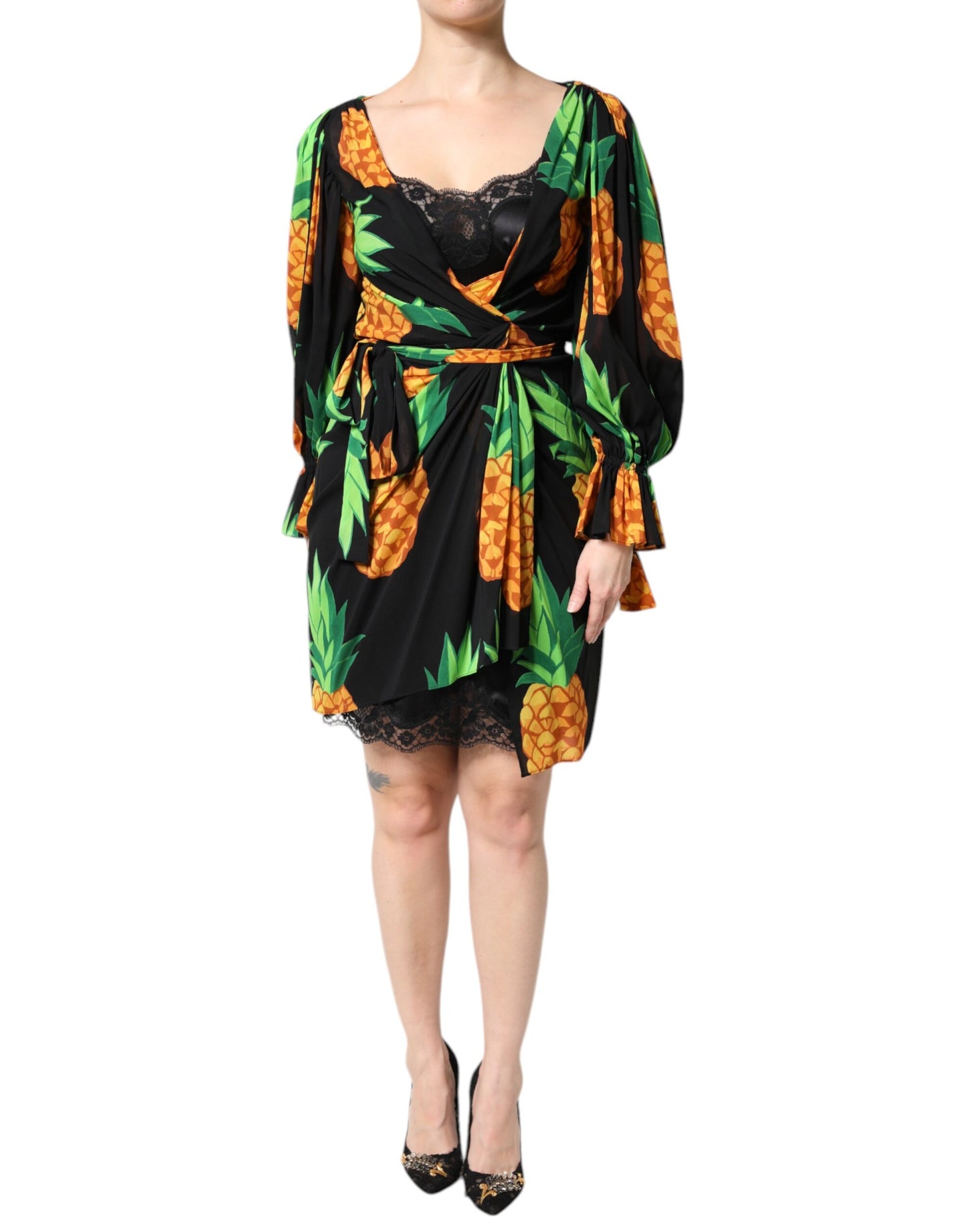 Dolce &amp; Gabbana Schwarzes Wickelkleid aus Seide mit Ananas-Drapierung