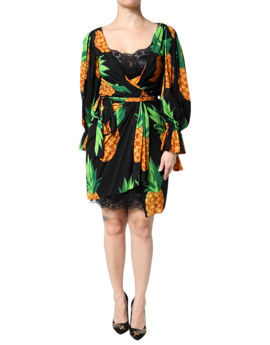 Dolce &amp; Gabbana Schwarzes Wickelkleid aus Seide mit Ananas-Drapierung