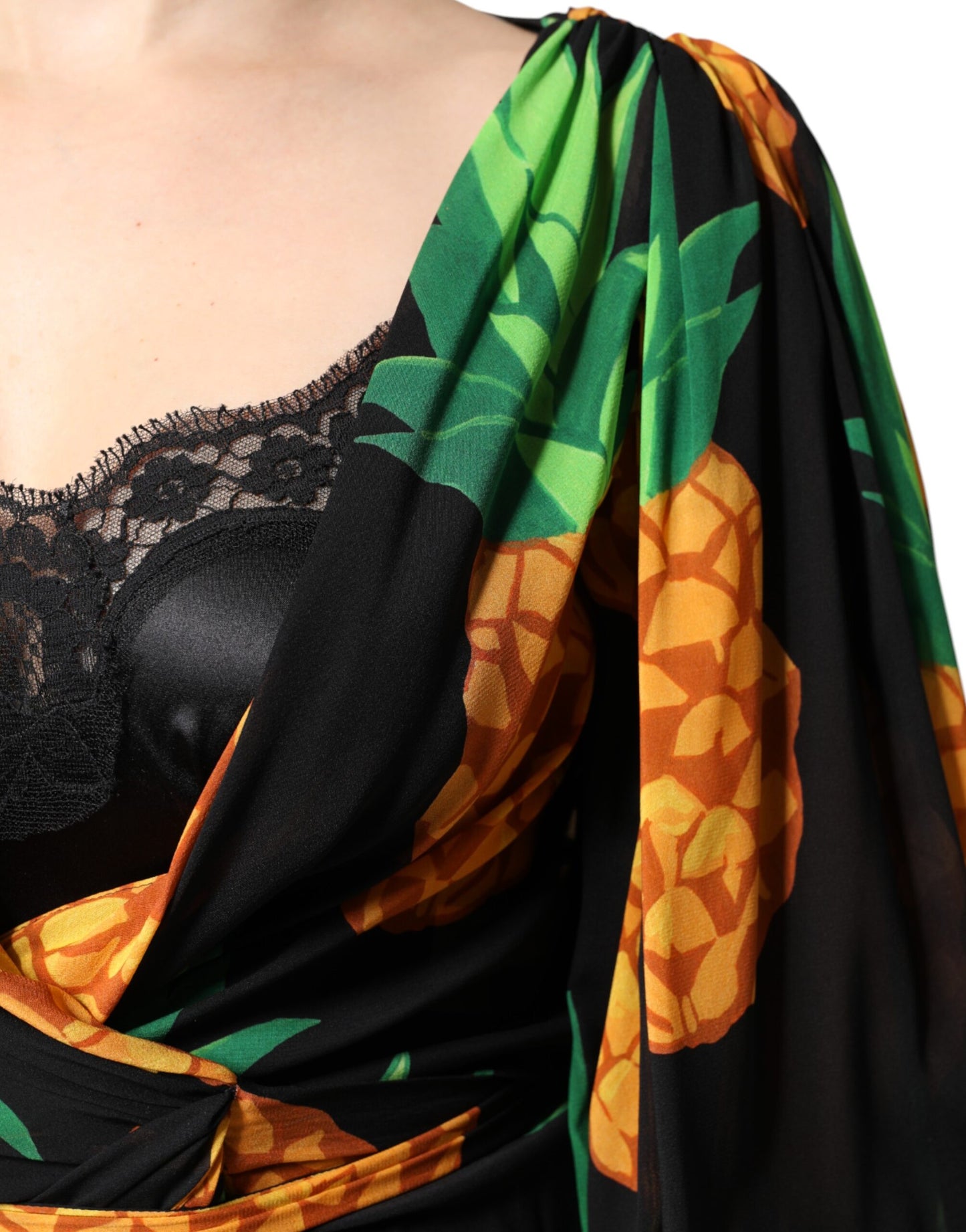 Dolce &amp; Gabbana Schwarzes Wickelkleid aus Seide mit Ananas-Drapierung