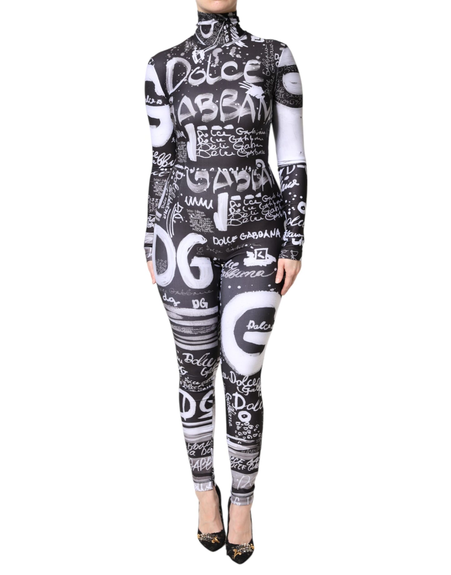 Dolce &amp; Gabbana – Schwarzes, figurbetontes Jumpsuit-Kleid mit Rollkragen und Logo