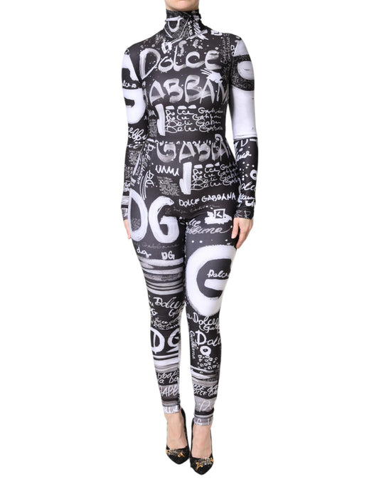 Dolce &amp; Gabbana – Schwarzes, figurbetontes Jumpsuit-Kleid mit Rollkragen und Logo