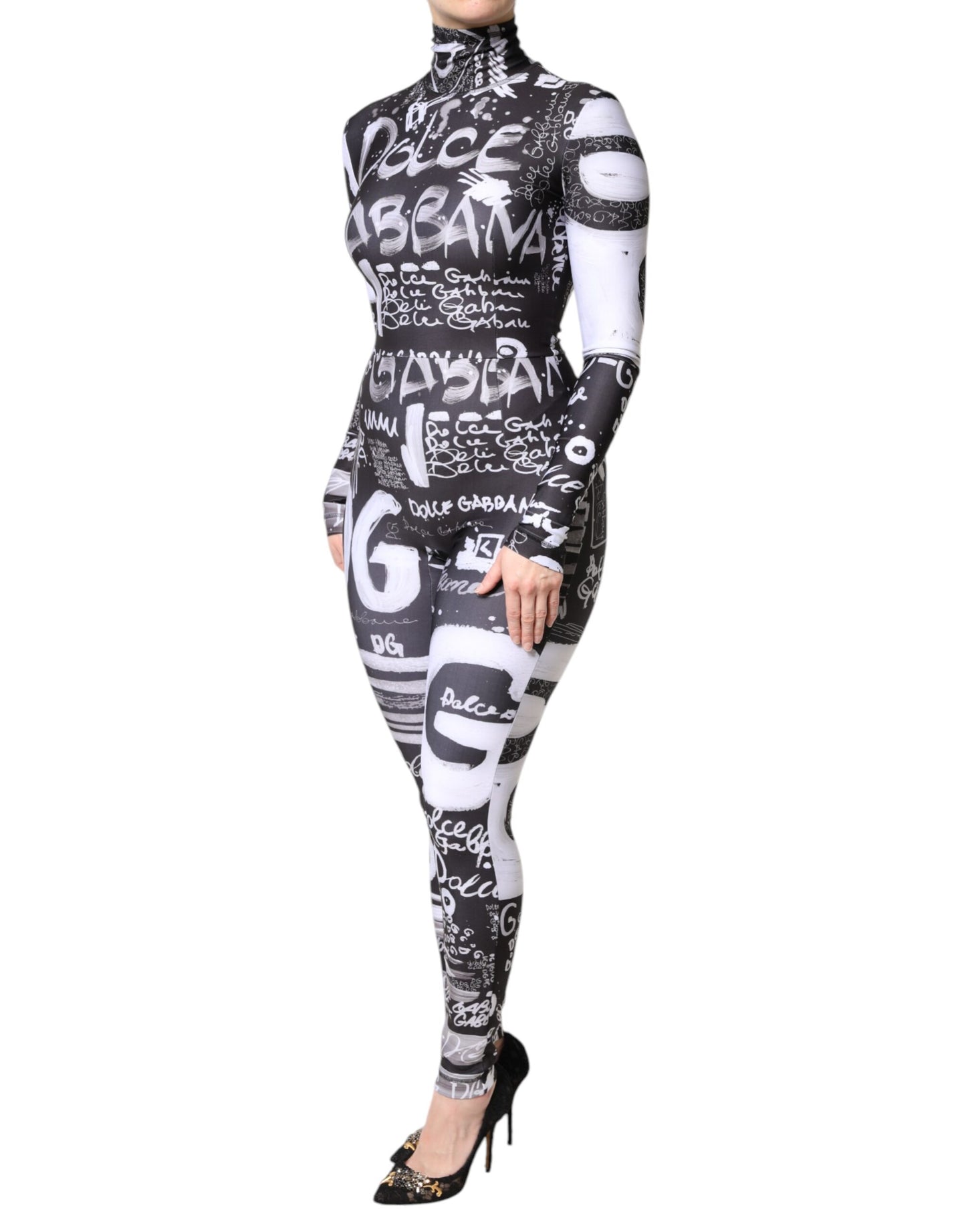 Dolce &amp; Gabbana – Schwarzes, figurbetontes Jumpsuit-Kleid mit Rollkragen und Logo
