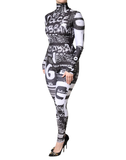 Dolce &amp; Gabbana – Schwarzes, figurbetontes Jumpsuit-Kleid mit Rollkragen und Logo