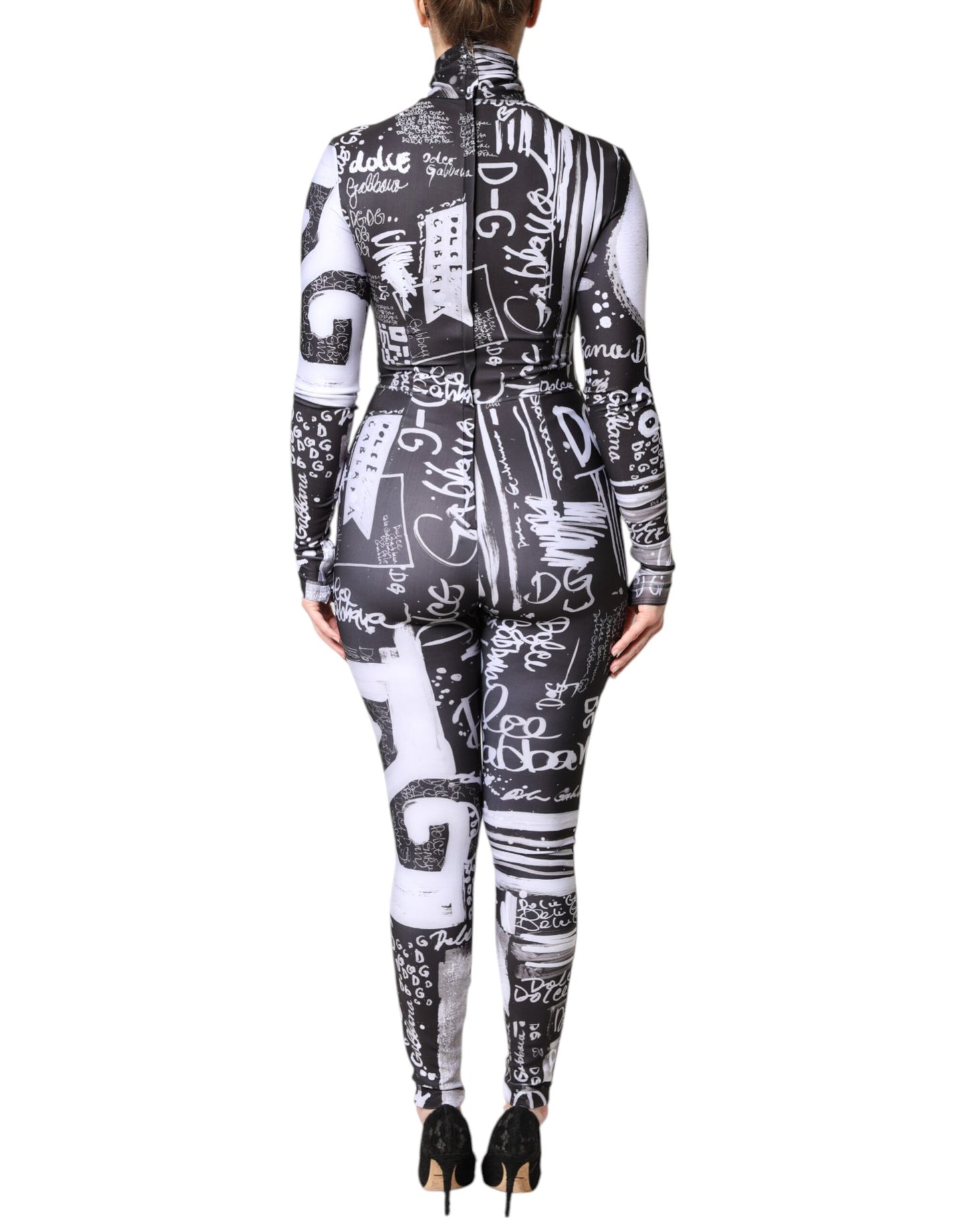 Dolce &amp; Gabbana – Schwarzes, figurbetontes Jumpsuit-Kleid mit Rollkragen und Logo