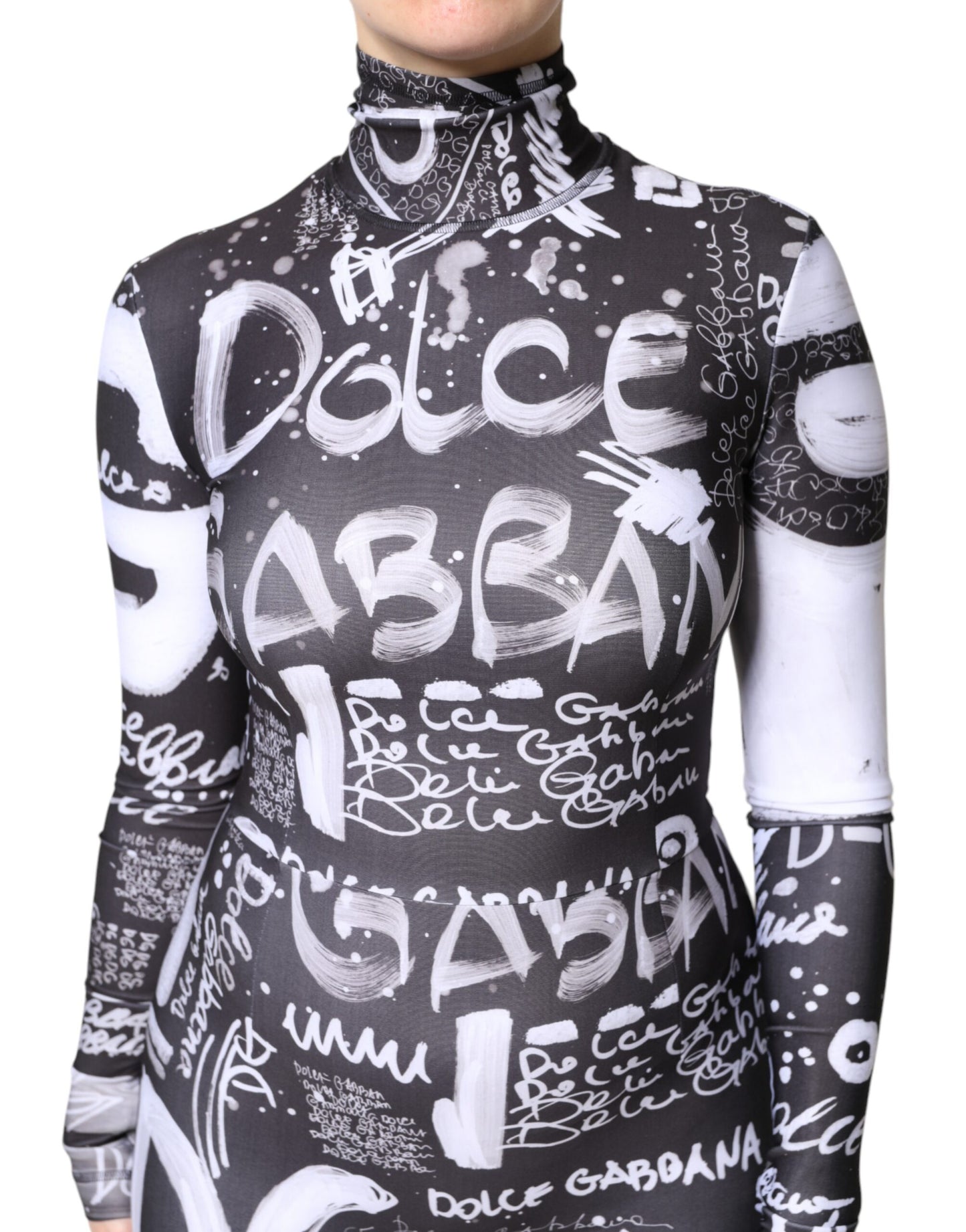 Dolce &amp; Gabbana – Schwarzes, figurbetontes Jumpsuit-Kleid mit Rollkragen und Logo