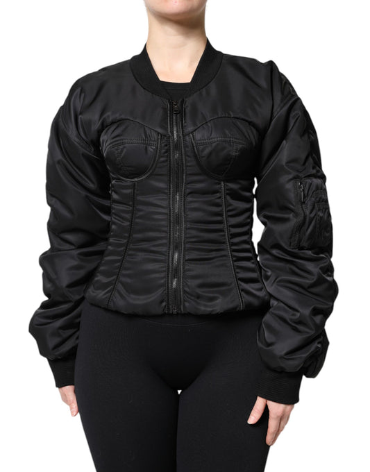 Dolce &amp; Gabbana – Schwarze Nylon-Bustier-Kordeljacke mit durchgehendem Reißverschluss