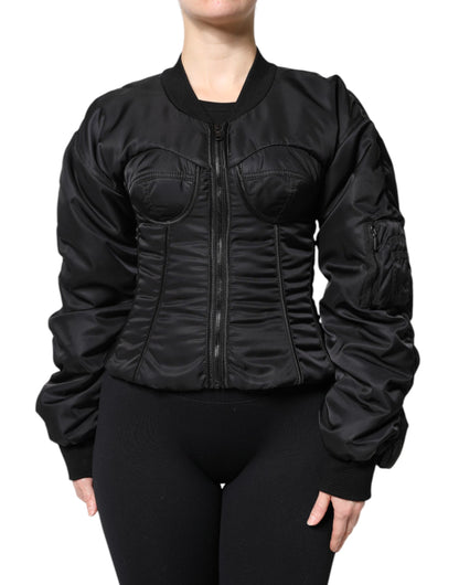 Dolce &amp; Gabbana – Schwarze Nylon-Bustier-Kordeljacke mit durchgehendem Reißverschluss