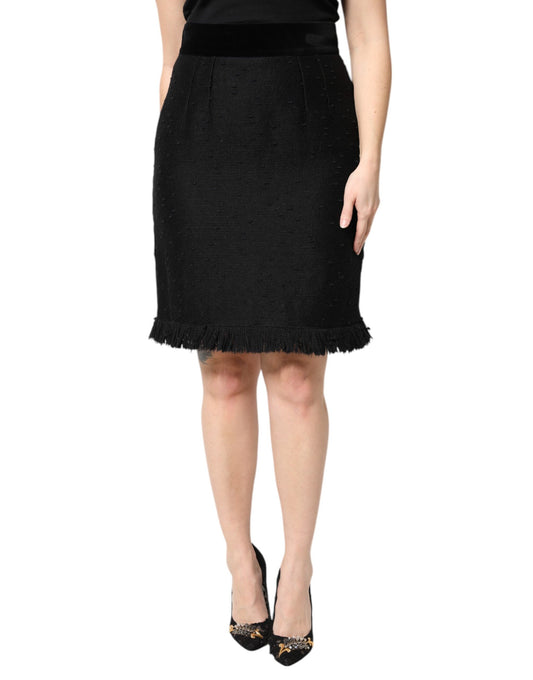 Dolce &amp; Gabbana – Schwarzer Bleistift-Minirock aus Wolle mit Fransen und hoher Taille