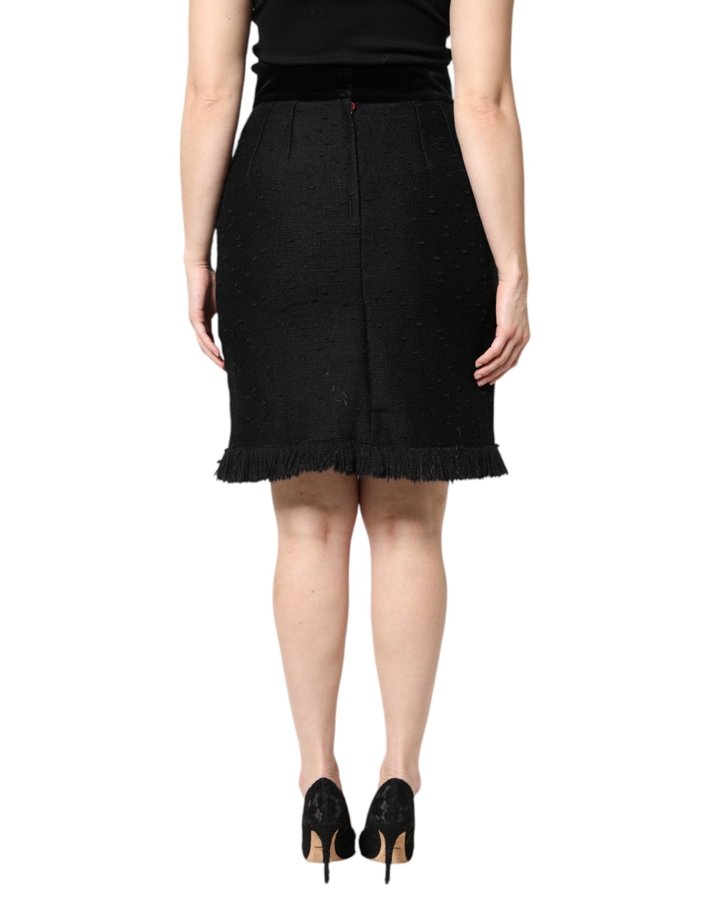 Dolce &amp; Gabbana – Schwarzer Bleistift-Minirock aus Wolle mit Fransen und hoher Taille