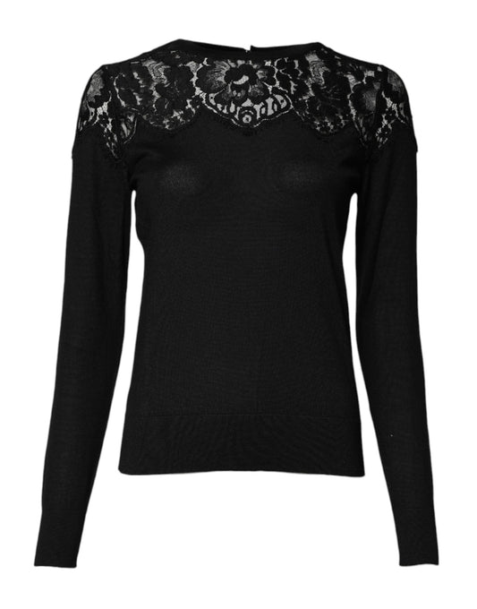 Dolce &amp; Gabbana – Schwarze Bluse mit Blumenspitze und langen Ärmeln