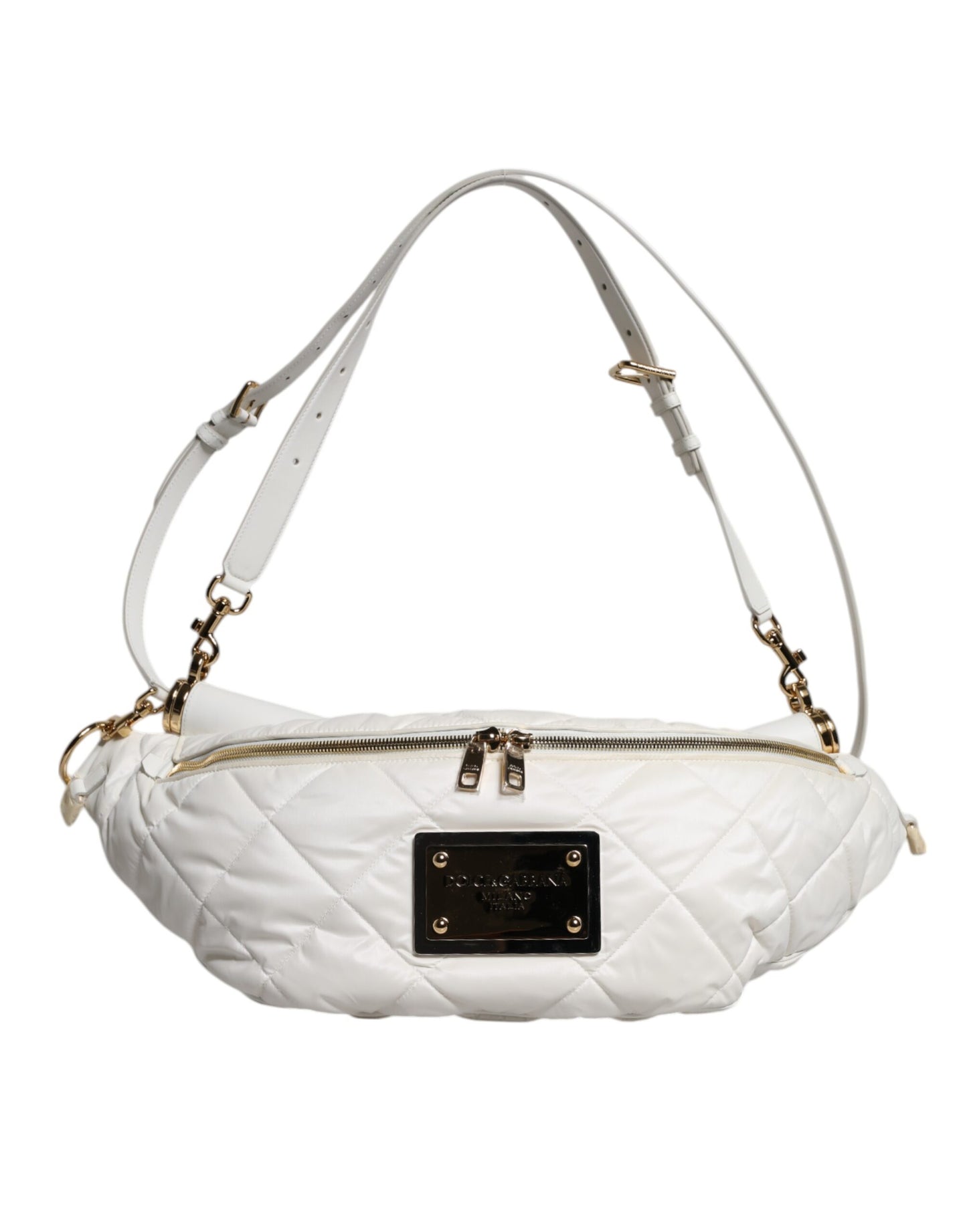 Dolce &amp; Gabbana White Quilted Logo Plaque Belt Waist Fanny Pack Bag