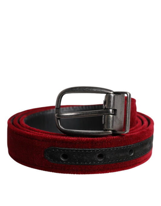 Dolce &amp; Gabbana Red Velvet Black Metal Buckle Logo Belt