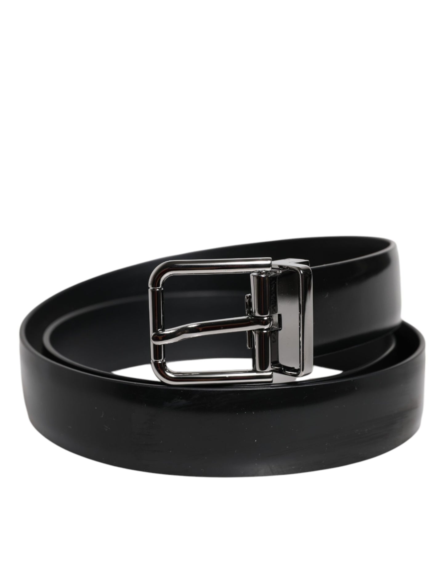 Dolce &amp; Gabbana Black Shiny Leather Silver Metal Buckle Belt
