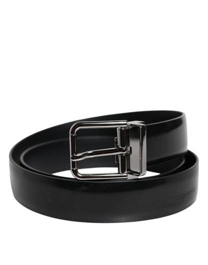 Dolce &amp; Gabbana Black Shiny Leather Silver Metal Buckle Belt