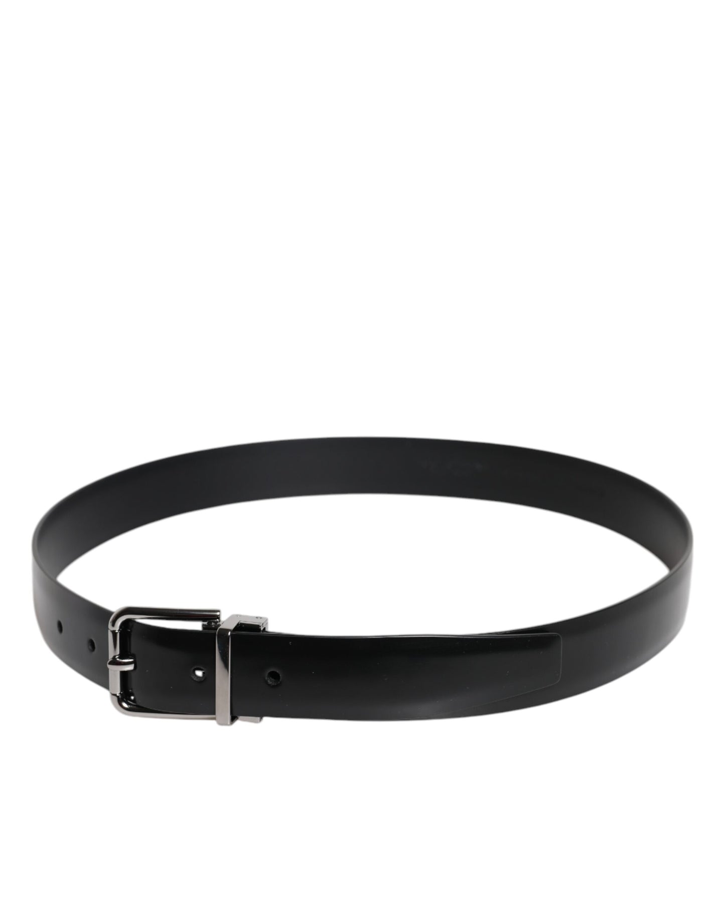 Dolce &amp; Gabbana Black Shiny Leather Silver Metal Buckle Belt