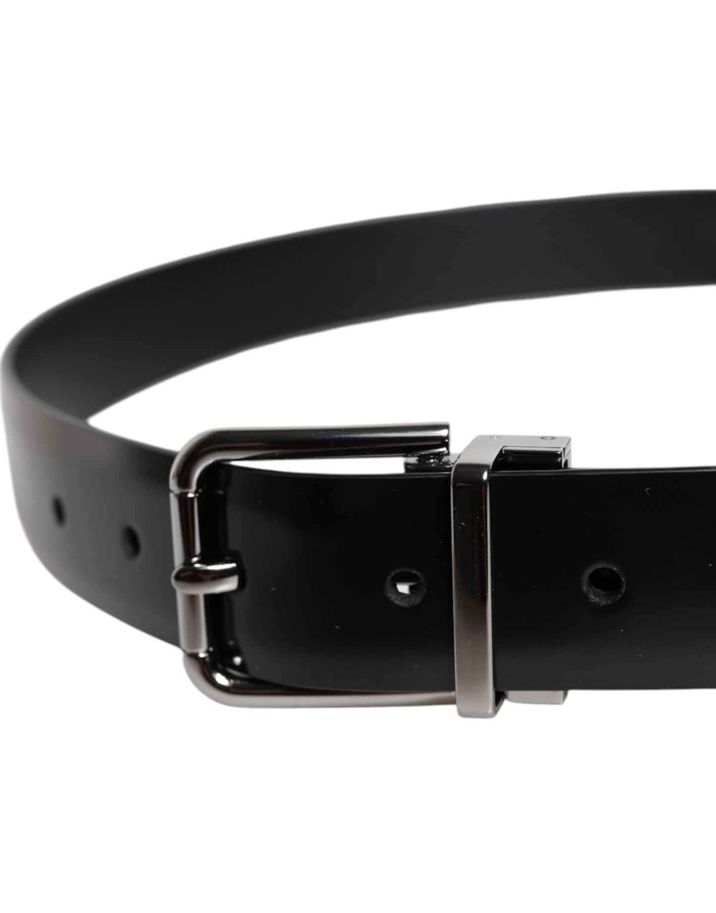 Dolce &amp; Gabbana Black Shiny Leather Silver Metal Buckle Belt