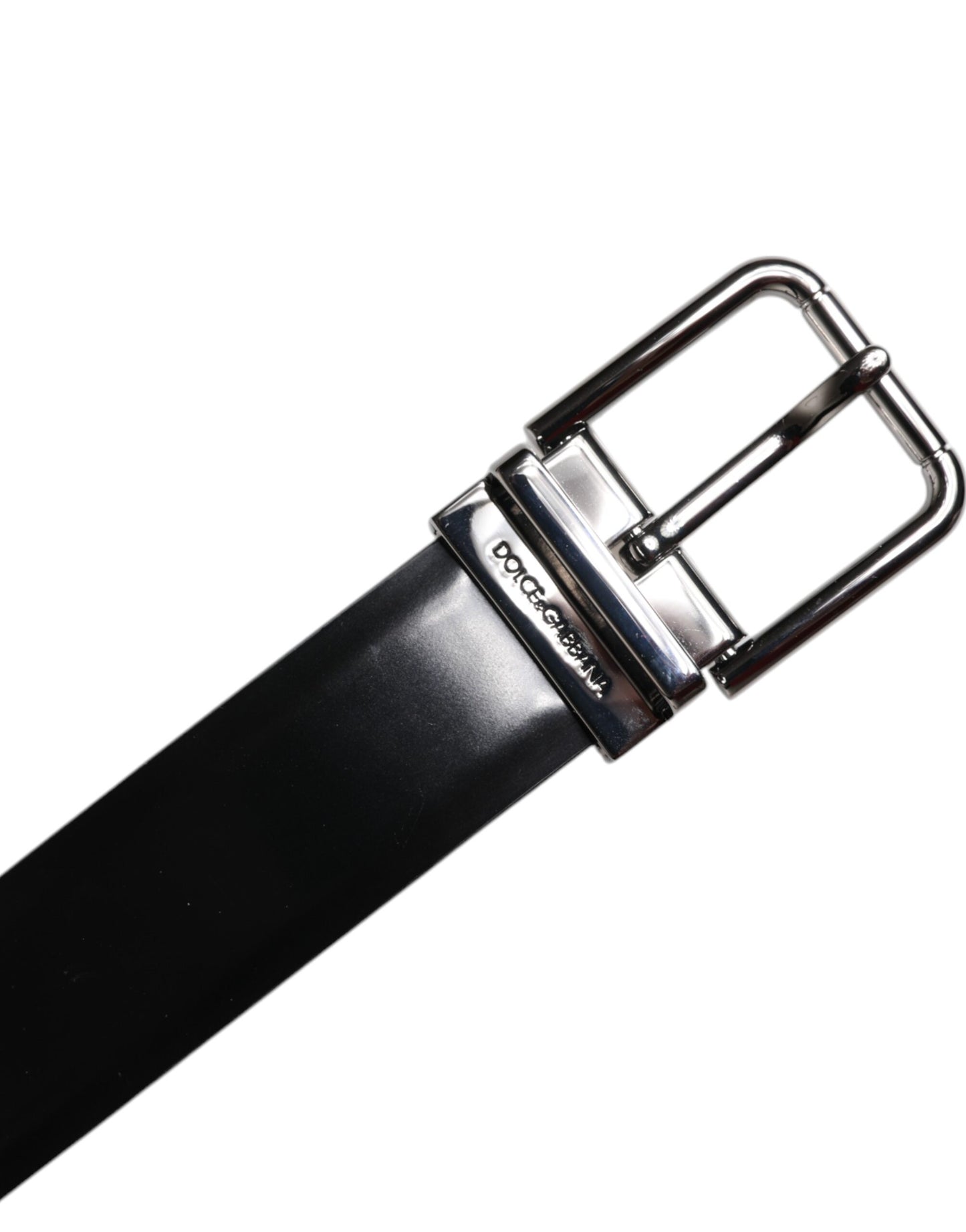 Dolce &amp; Gabbana Black Shiny Leather Silver Metal Buckle Belt