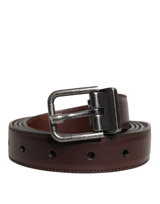 Dolce &amp; Gabbana Brown Leather Silver Metal Buckle Belt