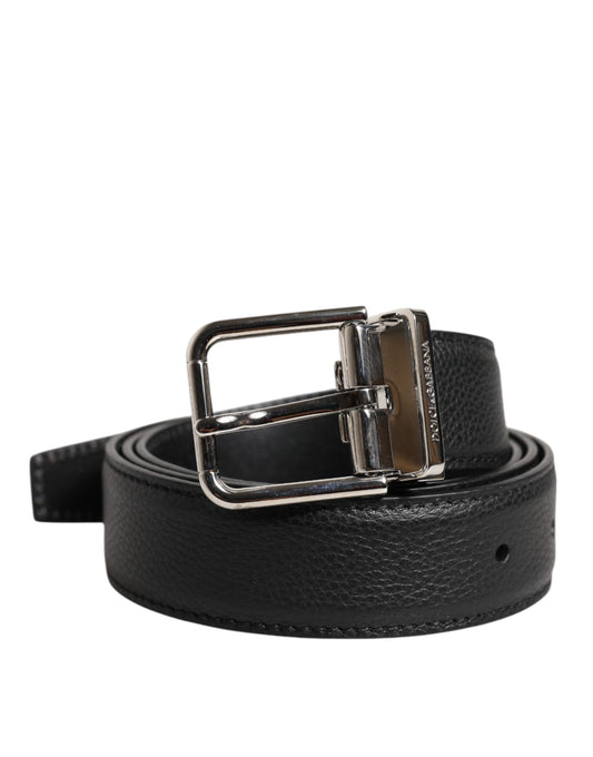 Dolce &amp; Gabbana Black Leather Silver Metal Buckle Belt