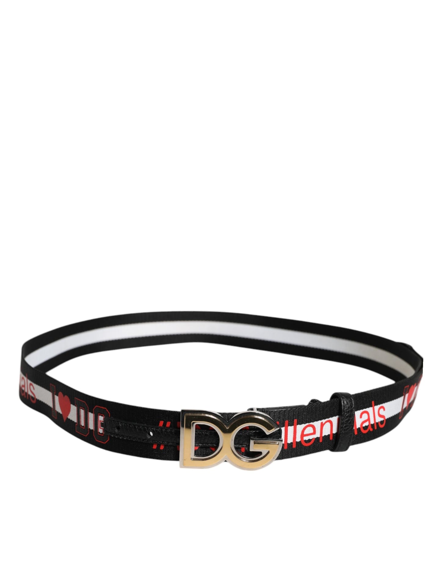 Dolce &amp; Gabbana Black White Printed Metal Logo Buckle Belt