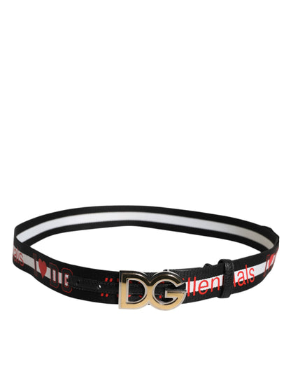 Dolce &amp; Gabbana Black White Printed Metal Logo Buckle Belt