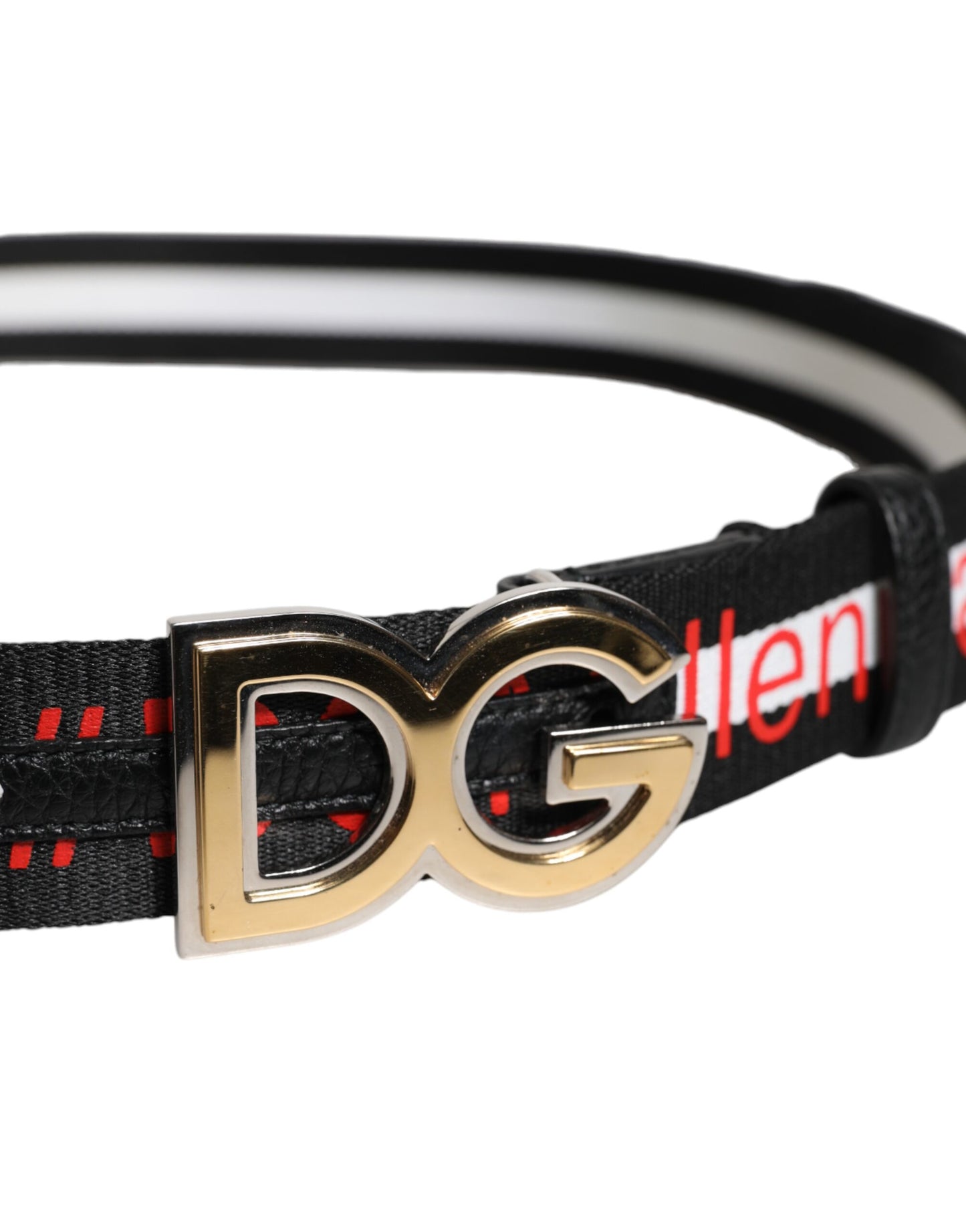 Dolce &amp; Gabbana Black White Printed Metal Logo Buckle Belt