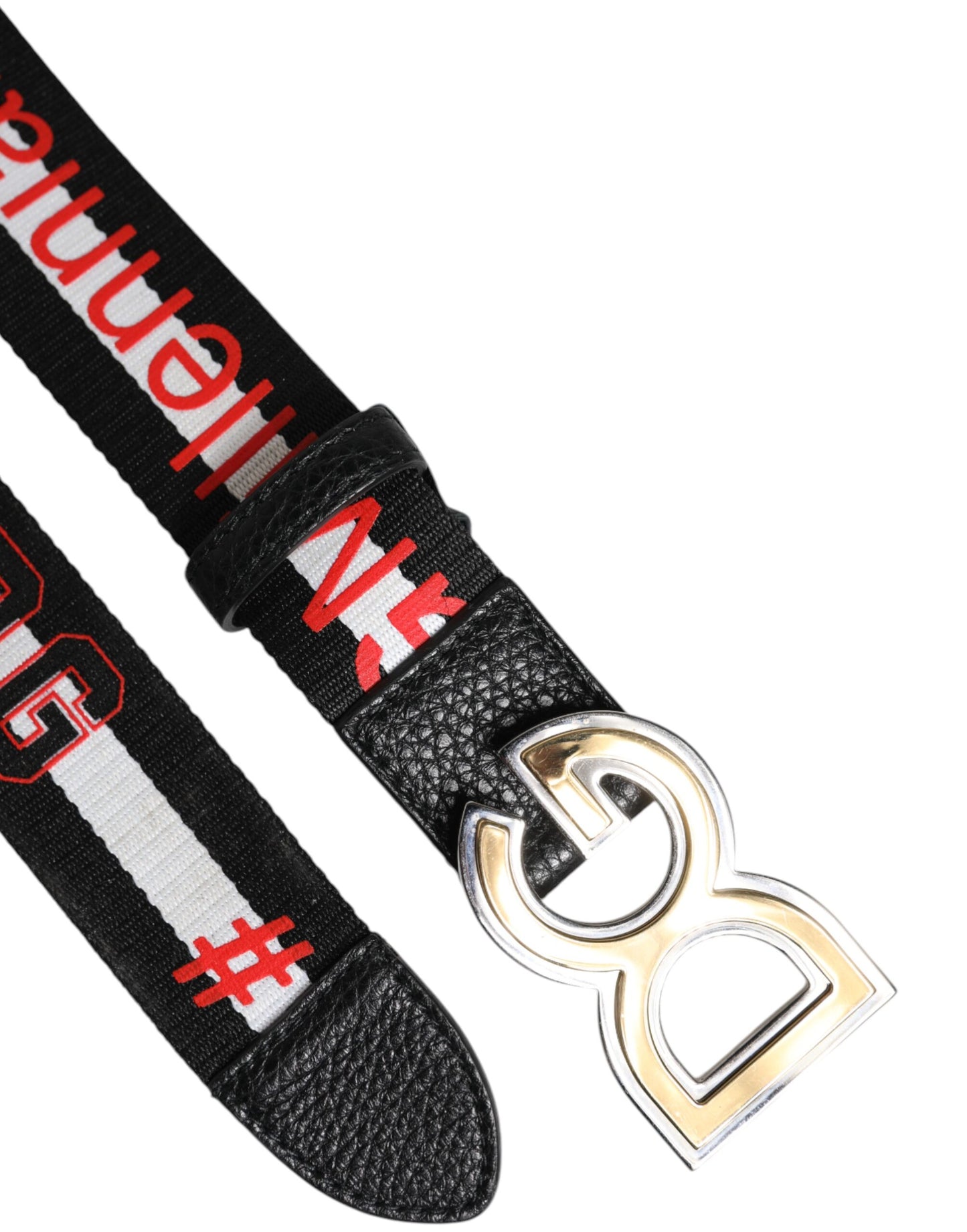 Dolce &amp; Gabbana Black White Printed Metal Logo Buckle Belt