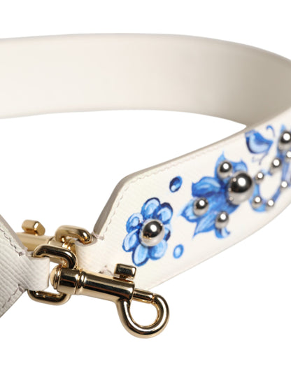 Dolce &amp; Gabbana White Blue Floral Leather Stud Shoulder Strap