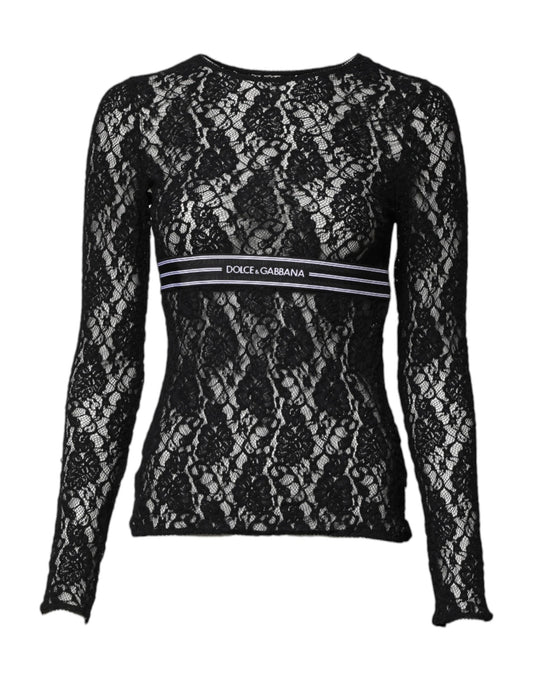 Dolce &amp; Gabbana – Schwarzes Pullover-Oberteil mit Blumenspitze und langen Ärmeln