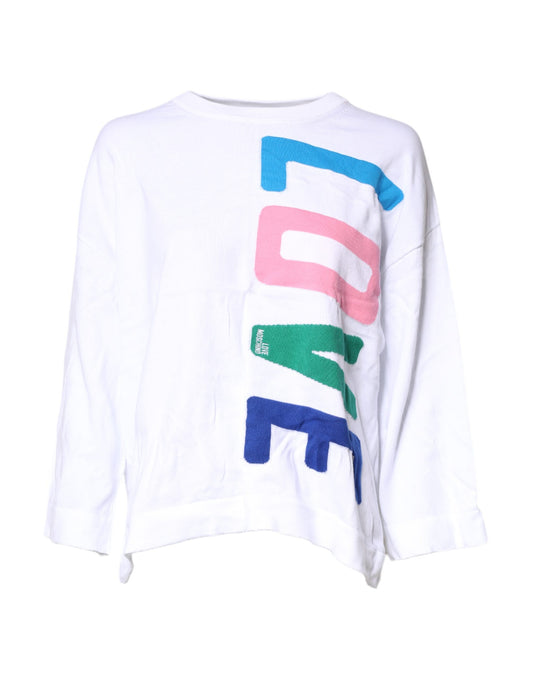 Love Moschino – Weißes, langärmliges Baumwoll-T-Shirt mit Grafikdruck