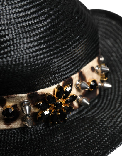 Dolce &amp; Gabbana – Schwarzer Strohhut mit breiter Krempe und Kristallverzierung