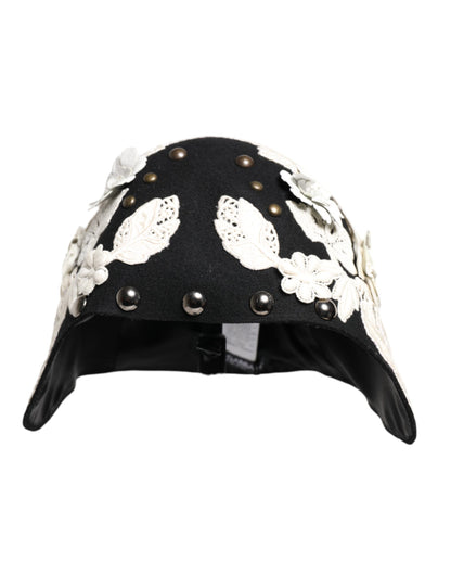 Dolce &amp; Gabbana Glockenhut aus schwarzer Wolle mit weißem Blumenmuster und Blattgold
