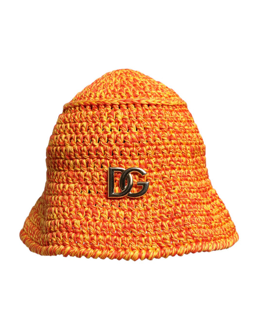 Dolce &amp; Gabbana – Orangefarbener Fischerhut aus gehäkelter Baumwolle mit DG-Logo