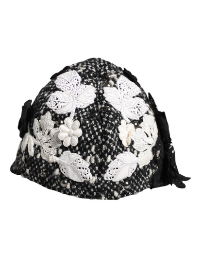Dolce &amp; Gabbana – Glockenhut aus schwarzer Wolle mit weißem Blumenmuster