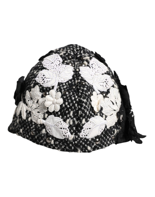 Dolce &amp; Gabbana – Glockenhut aus schwarzer Wolle mit weißem Blumenmuster