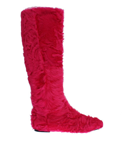 Dolce &amp; Gabbana Pink Lamb Fur Leather Flat Boots