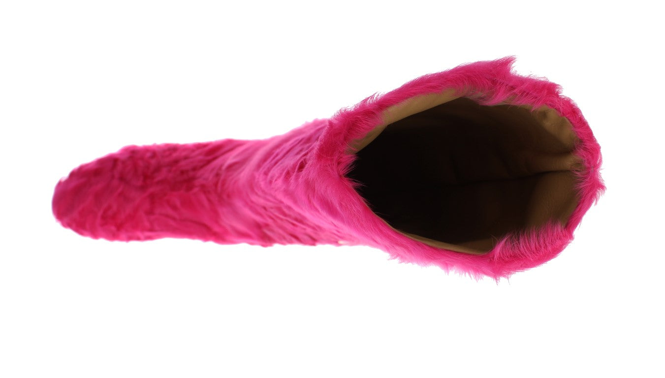 Dolce &amp; Gabbana Pink Lamb Fur Leather Flat Boots