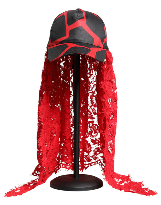 Dolce &amp; Gabbana Baseballkappe aus Baumwolle mit rot-schwarzer Spitze und Tüll