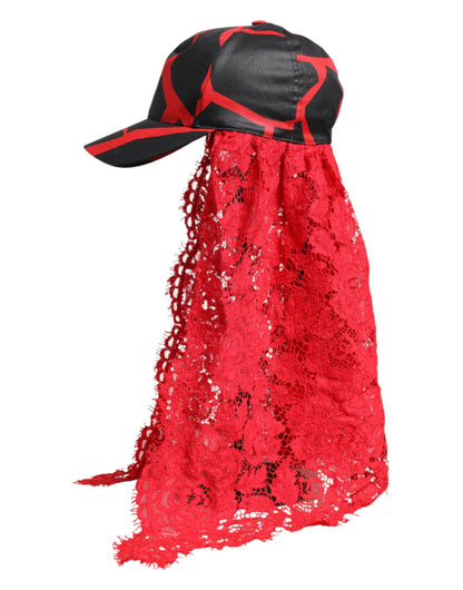 Dolce &amp; Gabbana Baseballkappe aus Baumwolle mit rot-schwarzer Spitze und Tüll